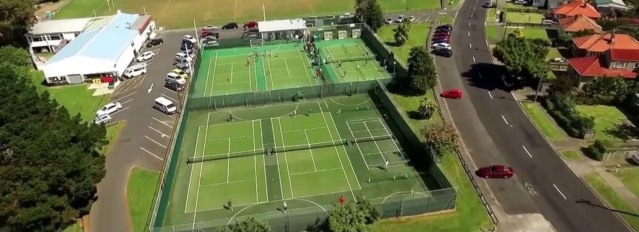 Aerial view of the outdoor courts at Riverside Sports Club in Panmure
