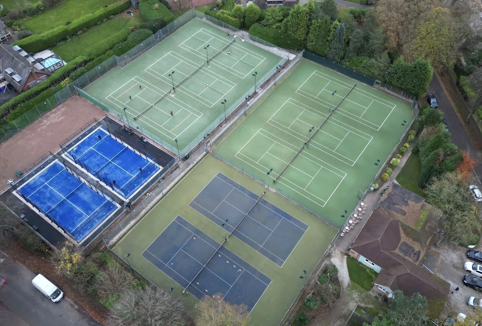 Aerial view of the Four Oaks padel and tennis courts