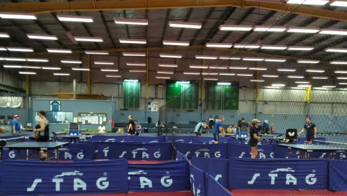 Players at the tables inside the Geelong Table Tennis Centre