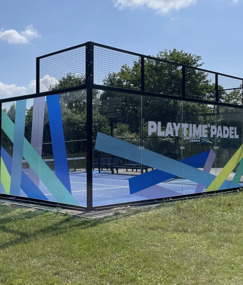 Glass-walled padel court at Playtime Padel Kingston