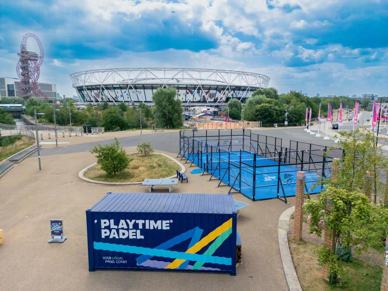 Playtime Padel courts with the London Stadium behind