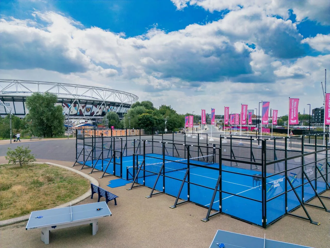 Padel courts and table tennis tables at Playtime Padel, Queen Elizabeth Olympic Park