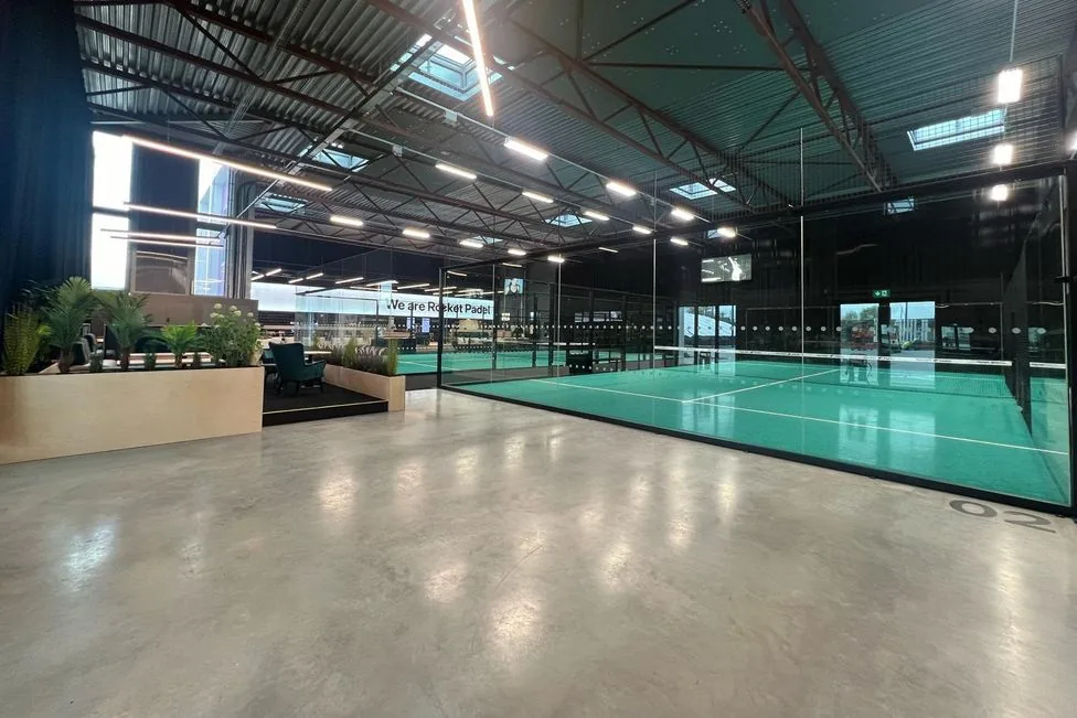 Glass-walled indoor court at Rocket Padel Ilford