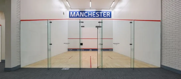Glass-backed squash court at Moss Side Leisure Centre