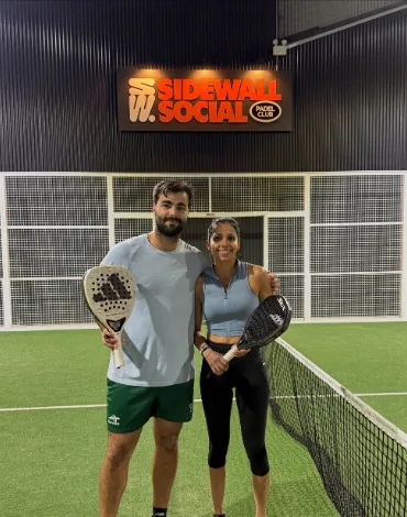 Players on a padel court at Sidewall Social, Marrickville (cropped from a collage)