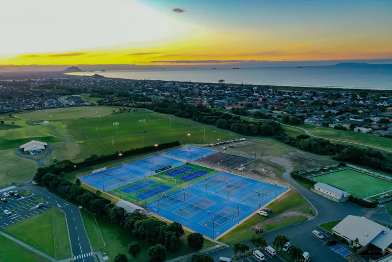 Aerial view of the Pāpāmoa Tennis Club courts at Gordon Spratt Reserve
