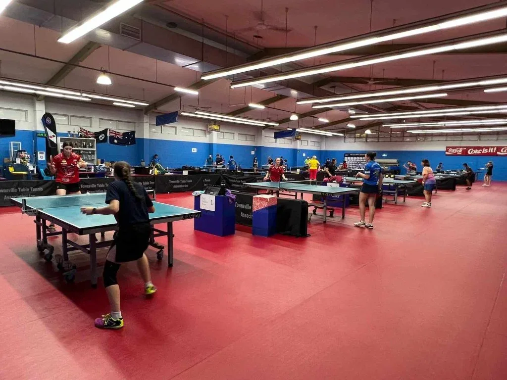 Tables in play in the Townsville Table Tennis Association hall, Hermit Park