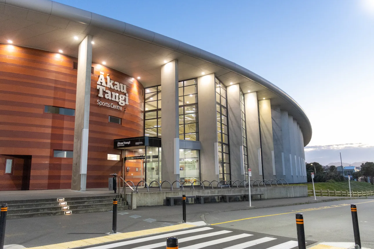 Building photo: the Kemp Street entrance of Ākau Tangi Sports Centre